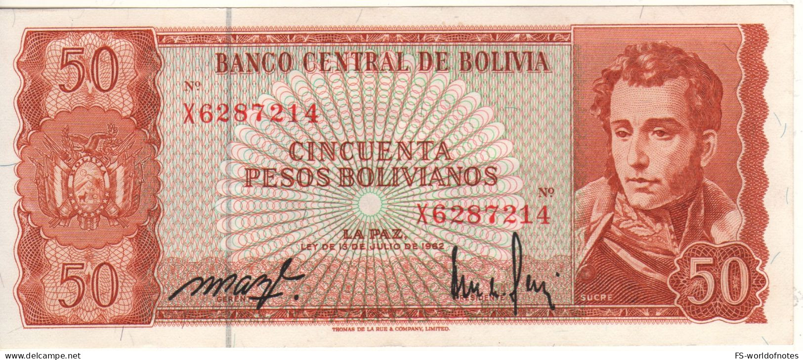 BOLIVIA  50 Pesos Boliviano  P162   Dated  	 L. 13.07.1962       ( Antonio José De Sucre + Sun Gate At Back ) - Bolivie