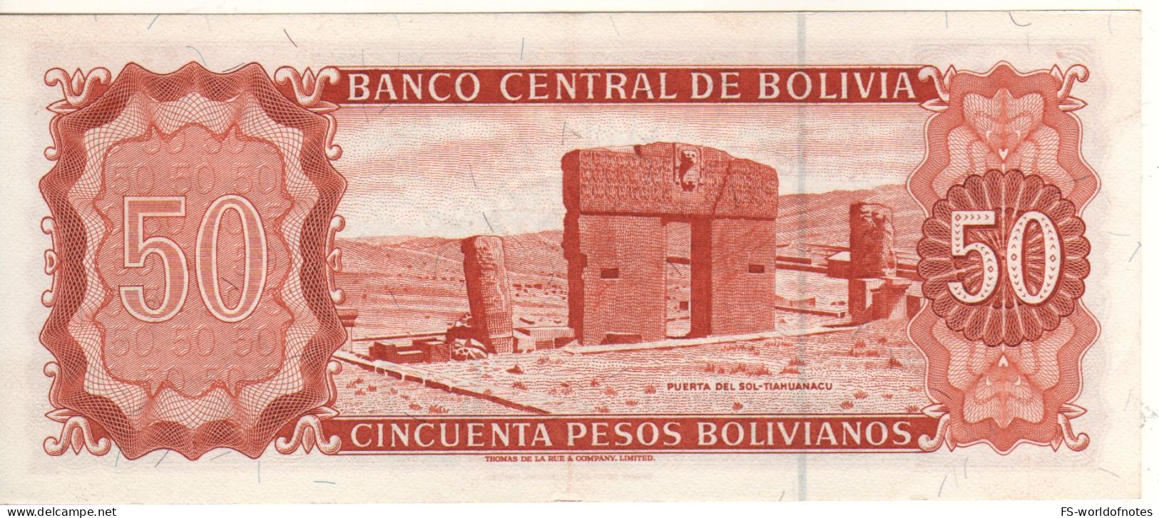 BOLIVIA  50 Pesos Boliviano  P162   Dated  	 L. 13.07.1962       ( Antonio José De Sucre + Sun Gate At Back ) - Bolivien