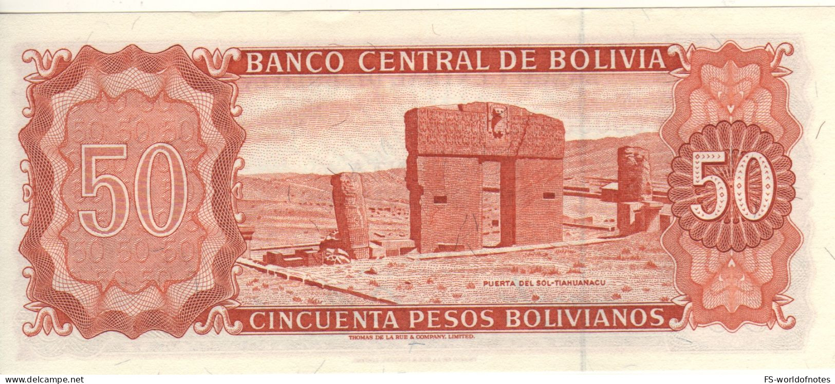 BOLIVIA  50 Pesos Boliviano  P162   Dated  	 L. 13.07.1962    ( Antonio José De Sucre + Sun Gate At Back )  UNC - Bolivia