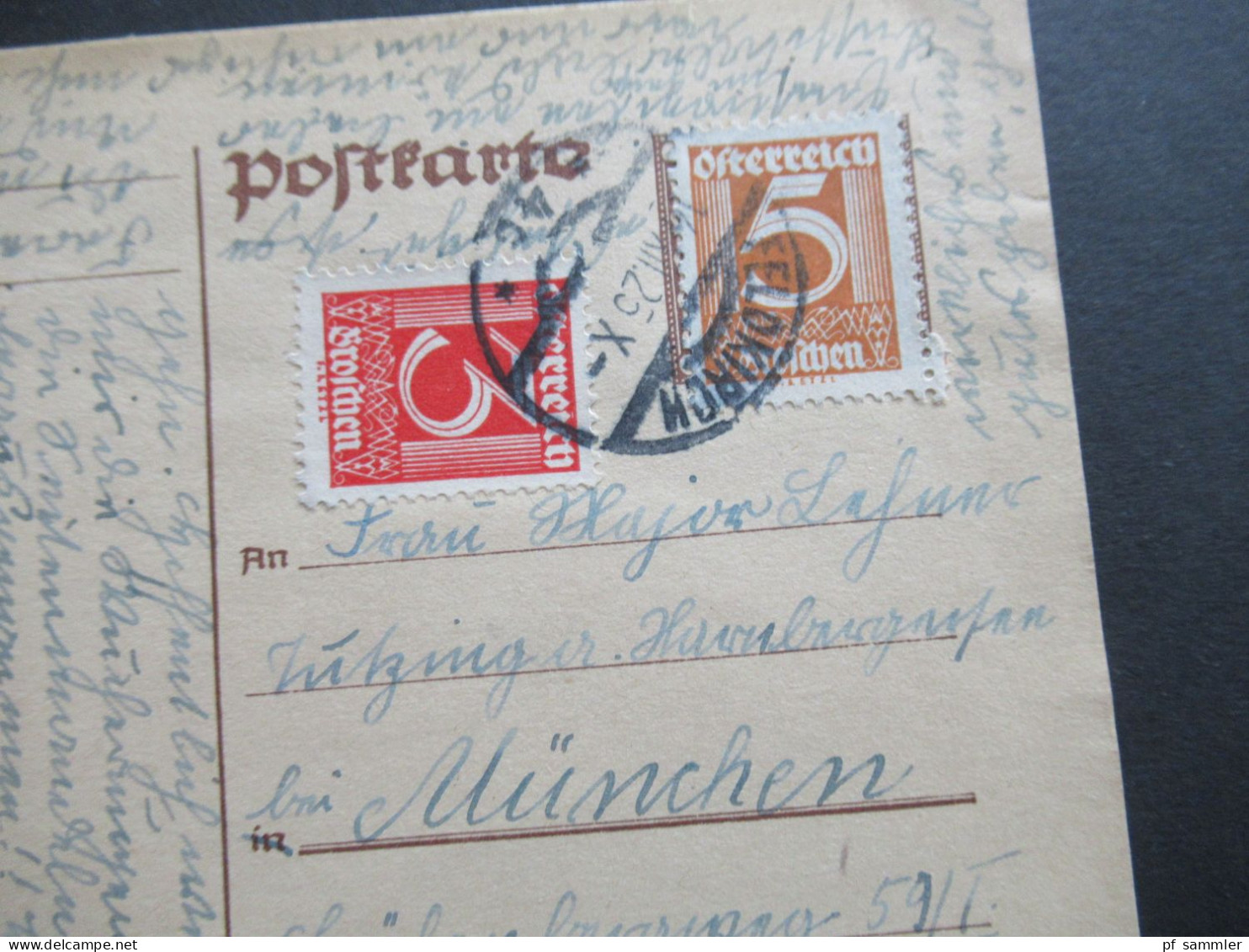 Österreich 1925 Ganzsache Mit Marken überklebt Mi.Nr.449 Und 451 Stempel Feldkirch Nach München - Cartes Postales