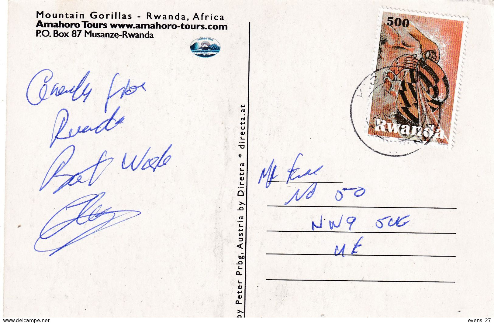 RWANDA-MOUNTAIN GORILLAS-USED POSTCARD --RWANDA POSTMARK- - Rwanda