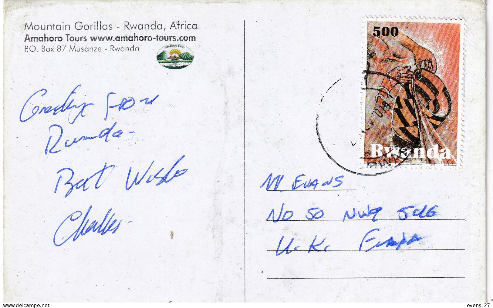 RWANDA-MOUNTAIN GORILLA-USED POSTCARD --RWANDA POSTMARK- - Rwanda