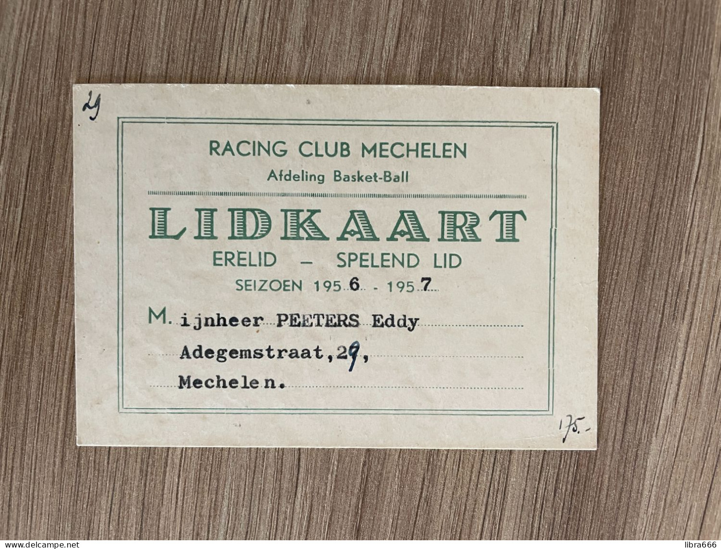 LIDKAART - RACING CLUB MECHELEN Afdeling Basket-Ball - Seizoen 1956 - 1957 - Peeters Eddy - Other & Unclassified