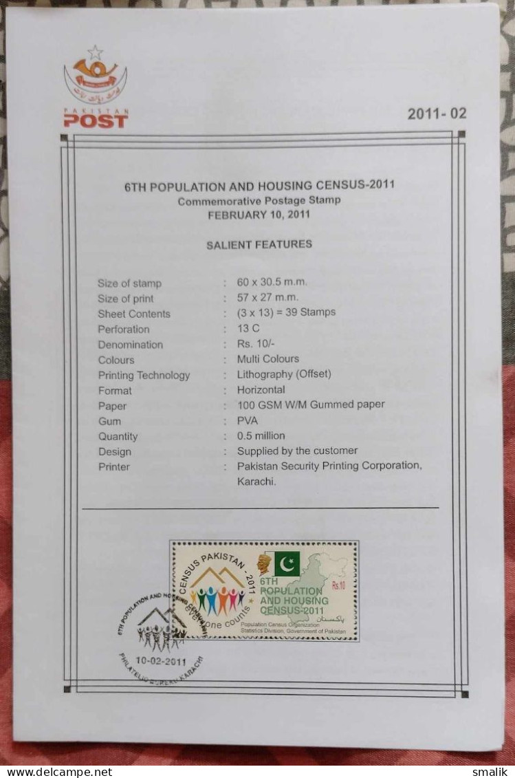 PAKISTAN 2011 - 6th Population And Housing Census, Jinnah, Stamped Leaflet With First Day Cancellation - Pakistan