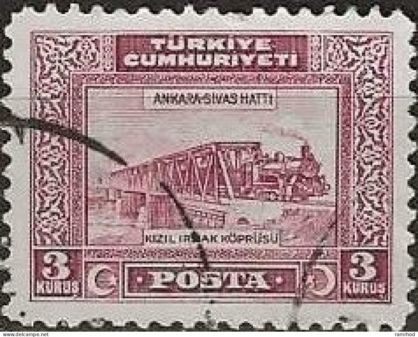 TURKEY 1929 Bridge Over Kizil-Irmak - 3k. - Purple FU - Usati