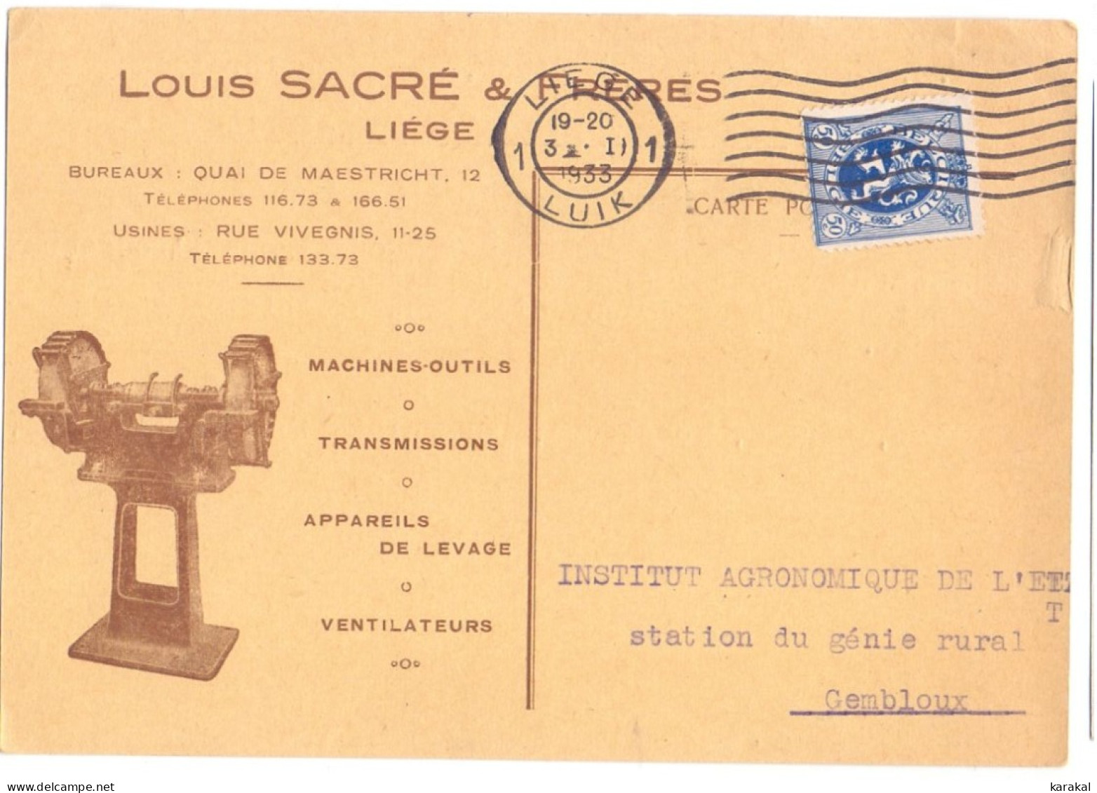 285 Sur Carte Postale Privée Machines-outils Louis Sacré Et Frères De Liège Vers Gembloux 1933 - 1929-1937 León Heráldico