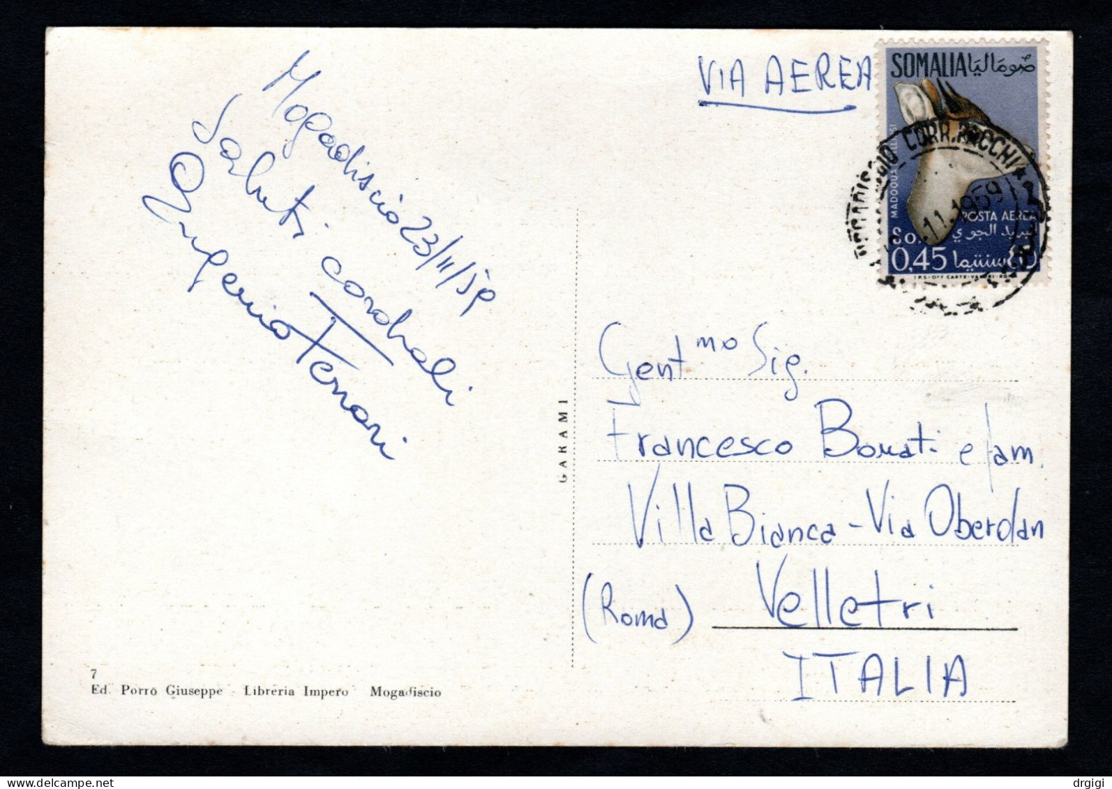 Somalia AFIS, POSTA VIAGGIATA 1959,  MOGADISCIO PER VELLETRI (ROMA) - Somalia (AFIS)