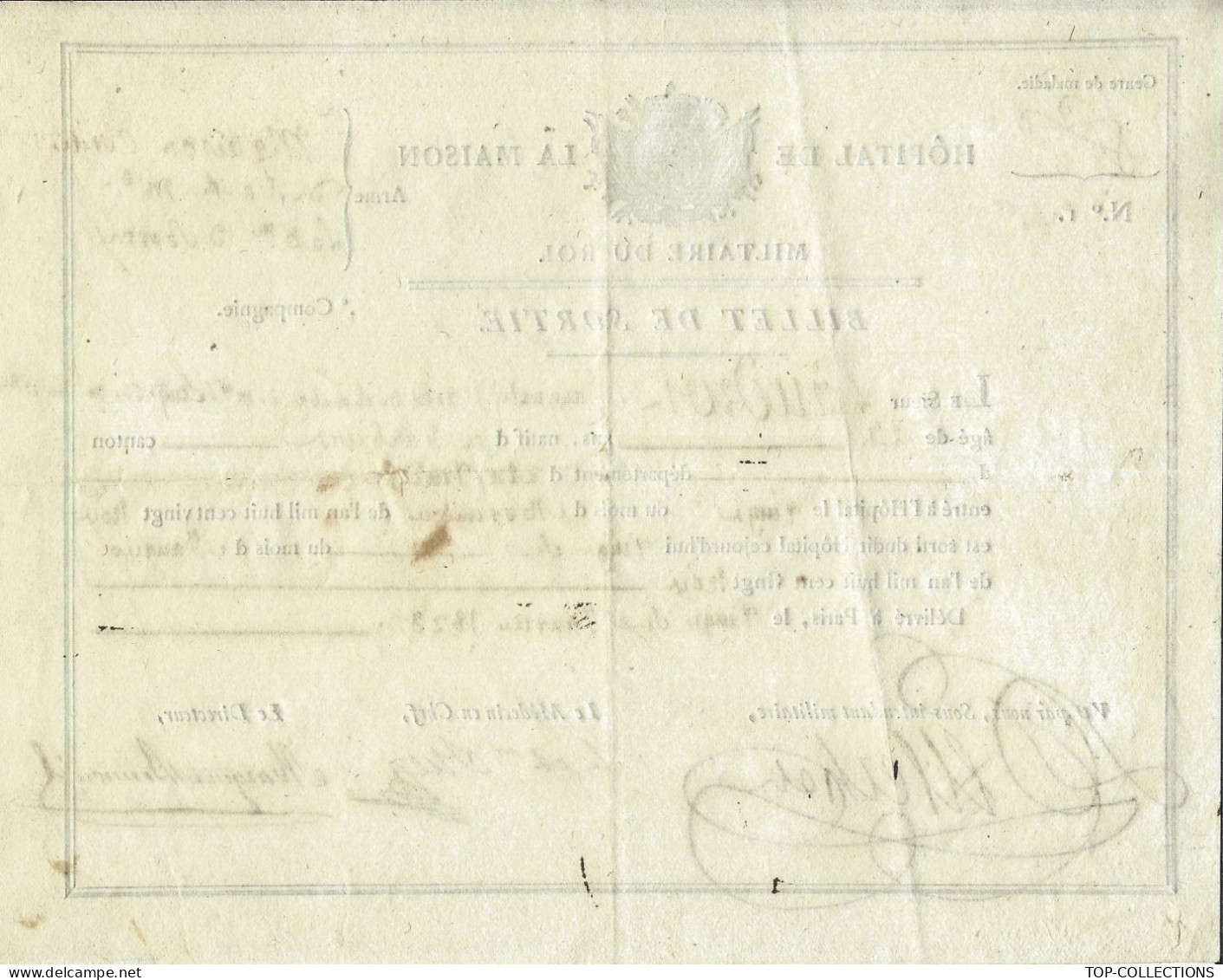 1823 HOPITAL MILITAIRE DE LA MAISON DU ROI Maison Civile De S.A.R. La Duchesse Du Berry 3 SIGNATURES  SOUS INTENDANT - Historical Documents