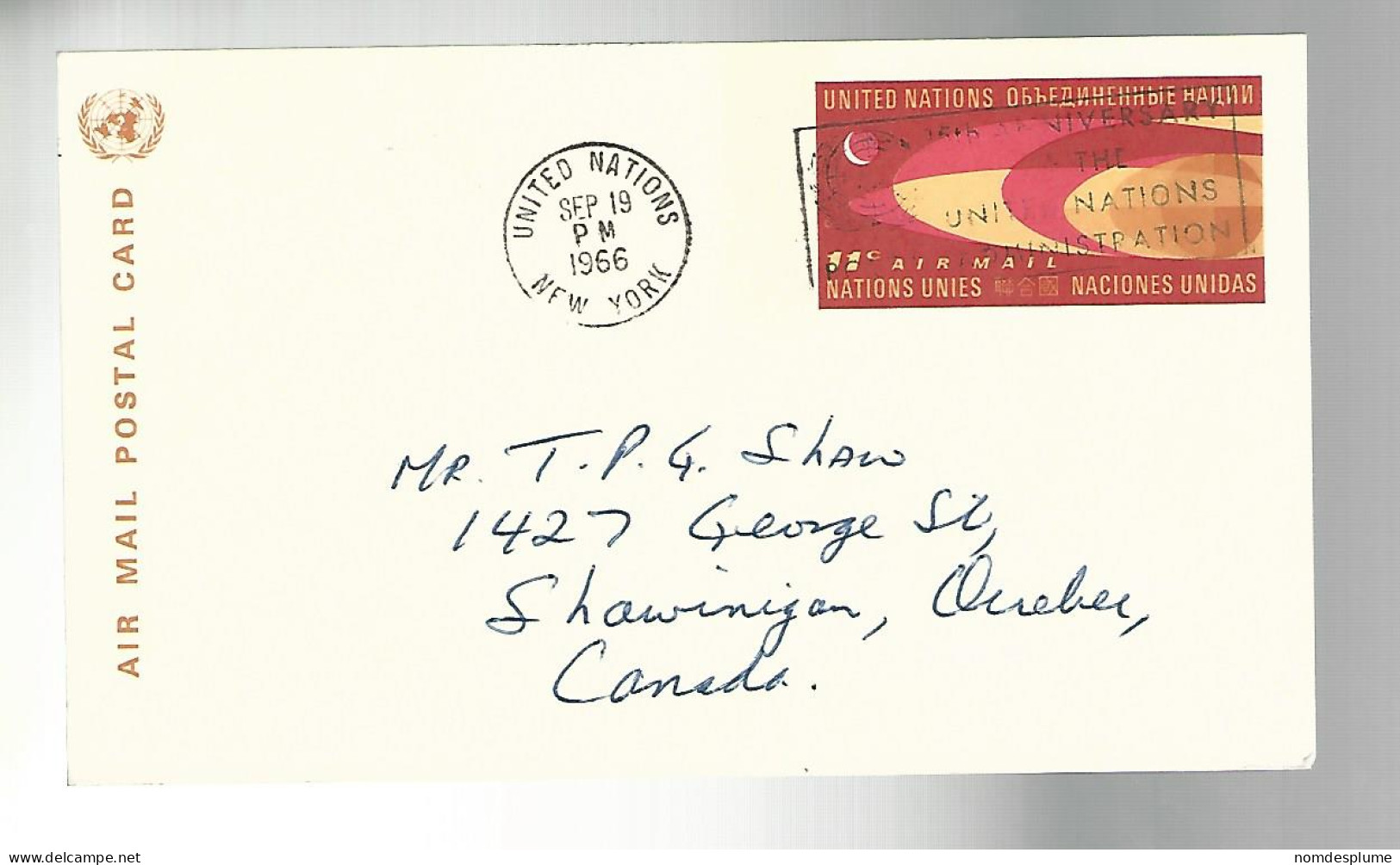 53305 ) UN Air Mail Postal Card New York Postmark 1966 - Brieven En Documenten