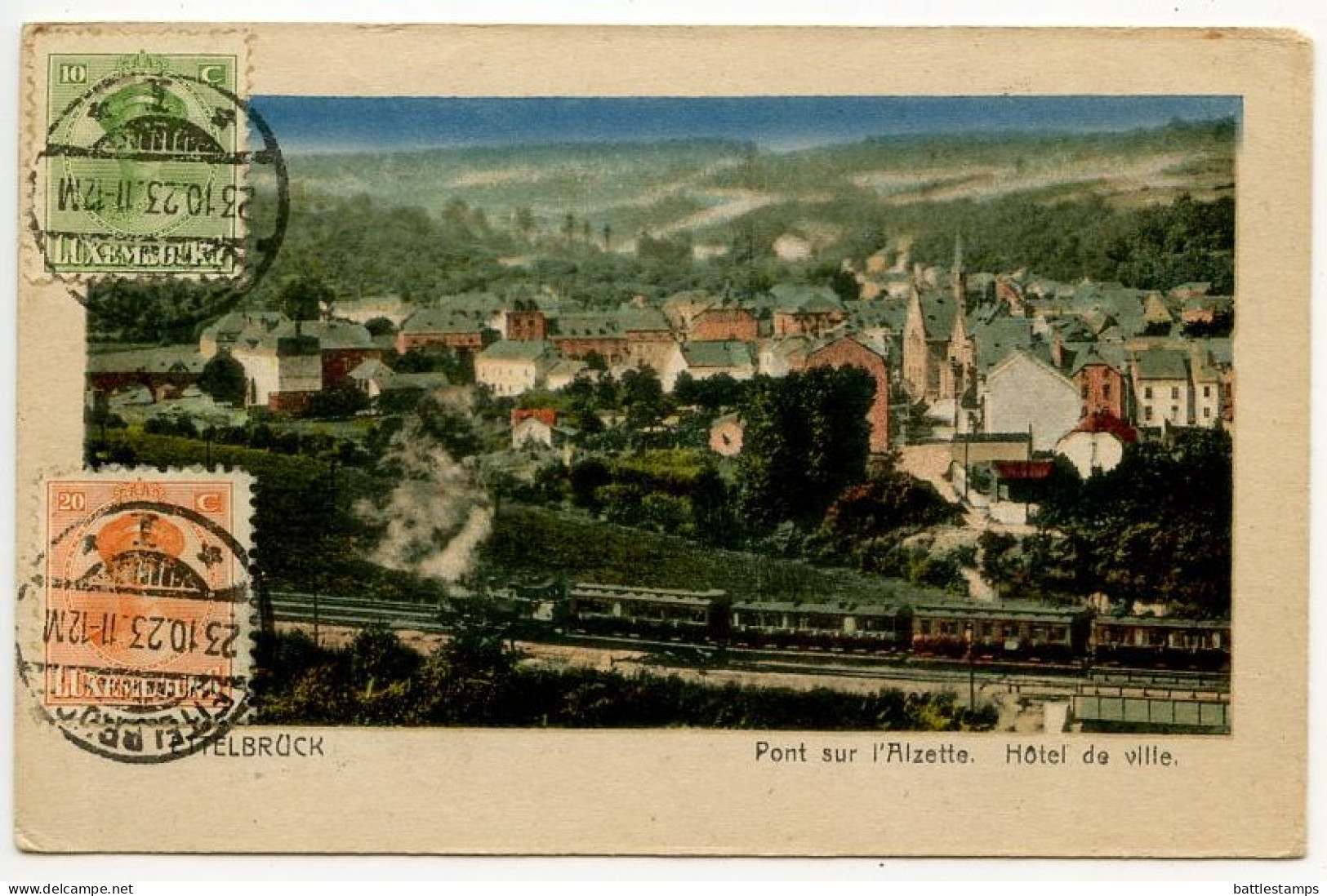 Luxembourg 1923 Postcard Ettelbruck - Pont Sur L'Alzette, Hotel De Ville; Scott 134 & 139 Grand Duchess Charlotte - Ettelbruck