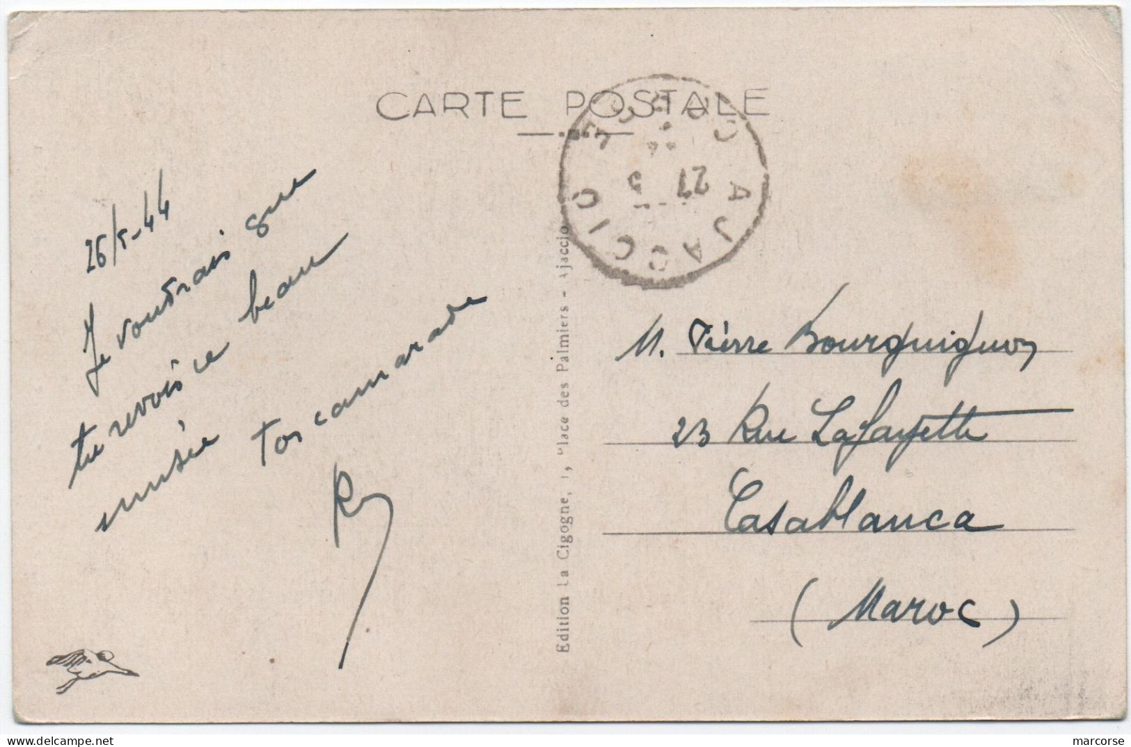 CORSE 1F50 Marianne D'Alger Oblitération Cachet AJACCIO Du 27 Mai 1944 / Carte Postale Masque De Napoléon > MAROC - 1944 Gallo E Marianna Di Algeri