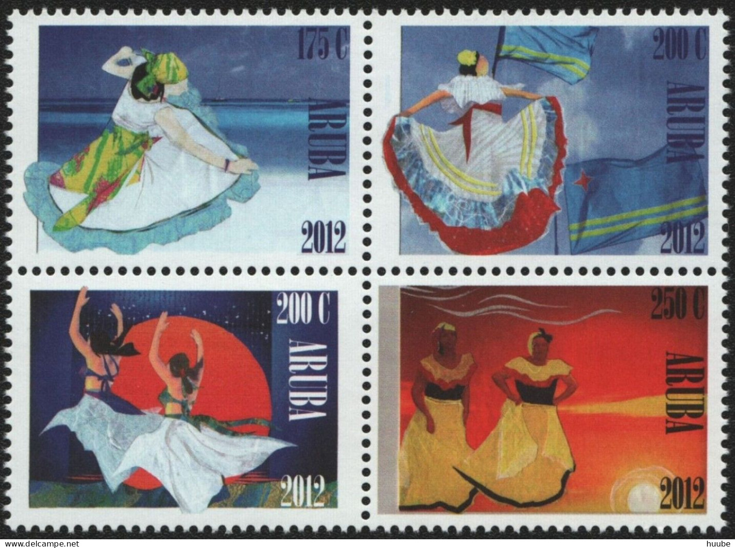 Aruba, 2012, Mi 663-666, Caribbean Dance Dresses, Block Of 4, MNH - Danse