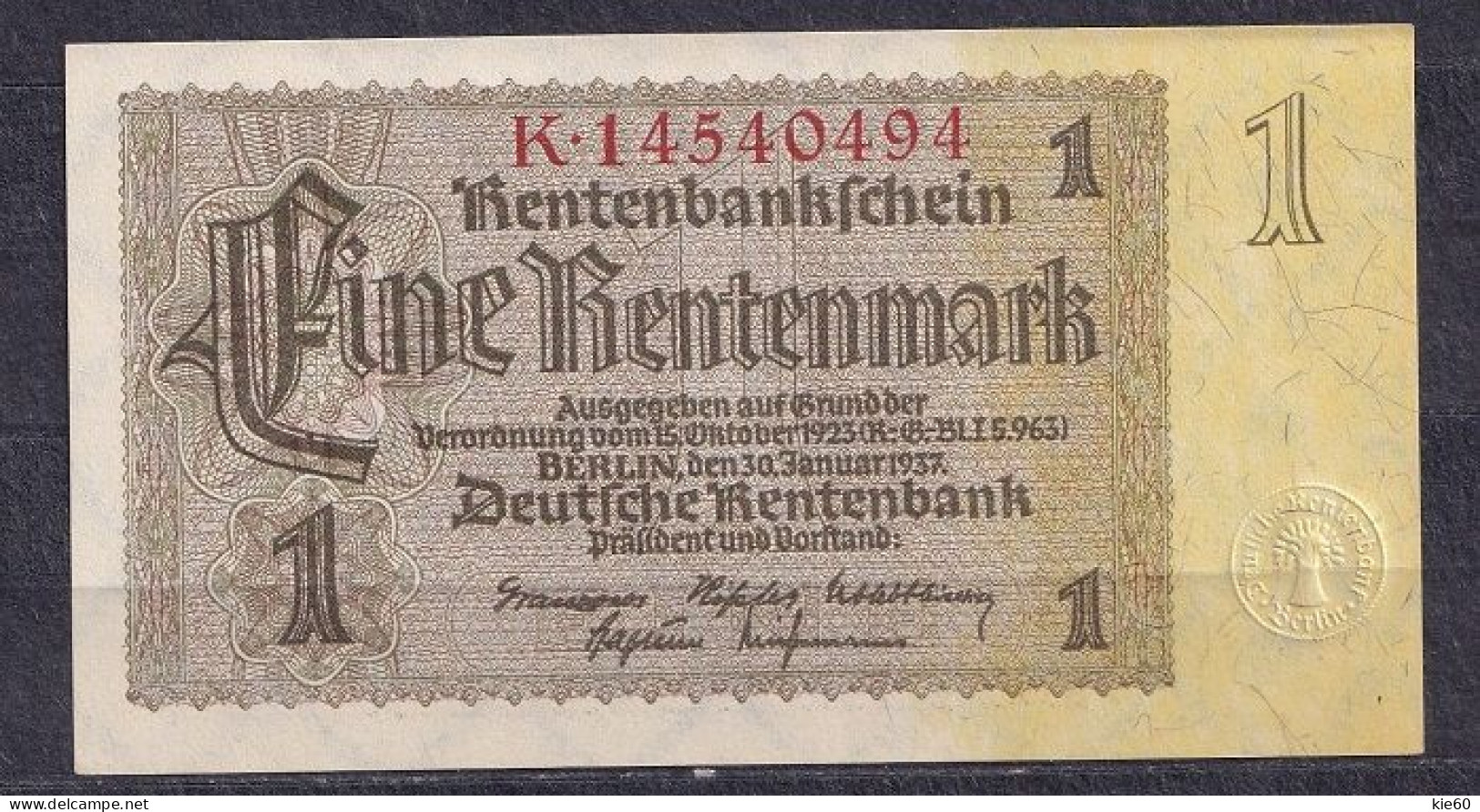 Germany - 1937  - 1 Rentenmark - Ser K ..P-173b3..UNC - 1 Rentenmark