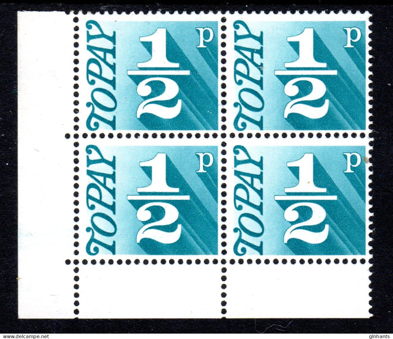 GREAT BRITAIN GB - 1970 POSTAGE DUE ½p STAMP IN CORNER MARGIN BLOCK OF 4 FINE MNH ** SG D77 X 4 - Impuestos