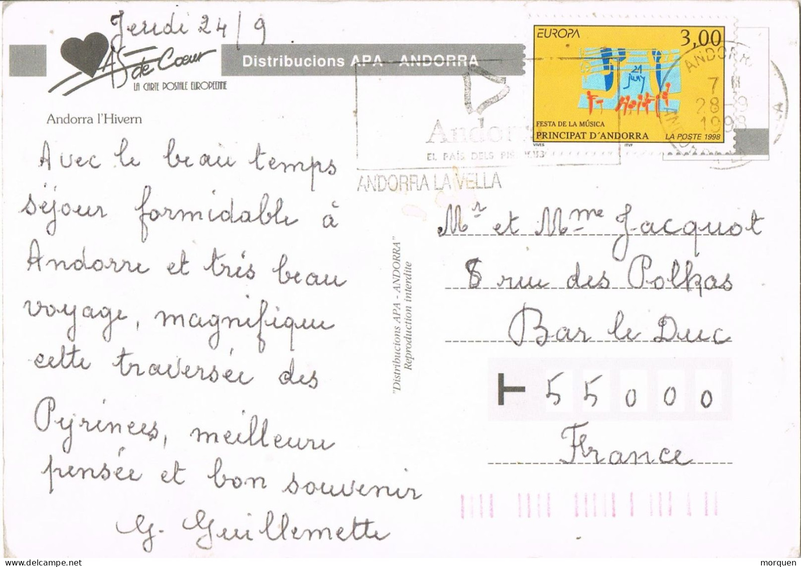 52069. Postal ANDORRA Francesa 1998. Tema EUROPA. Vistas Varias De La Nieve En Andorra - Cartas & Documentos