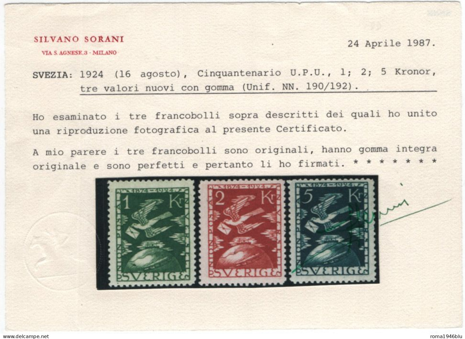 Svezia 1924 Unif.178/92 **/MNH VF/F - Cert. SORANI - Nuevos