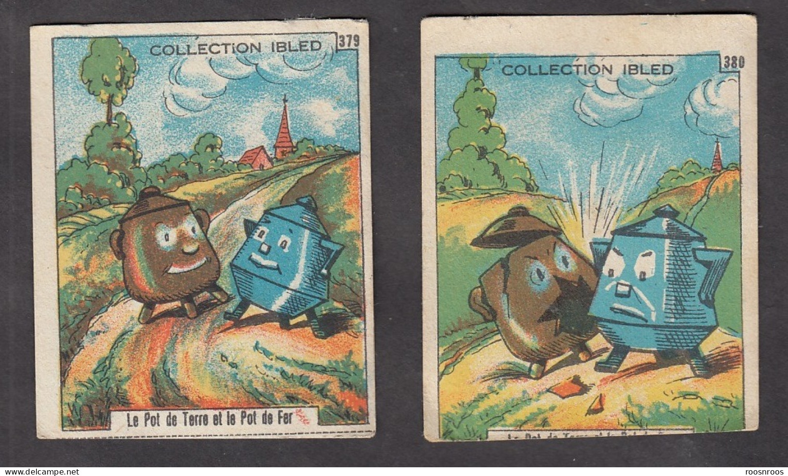 LOT DE 2 CHROMOS - IMAGES CHOCOLAT IBLED ET BLEDA - FABLES DE LA FONTAINE - LE POT DE TERRE ET LE POT DE FER - Ibled