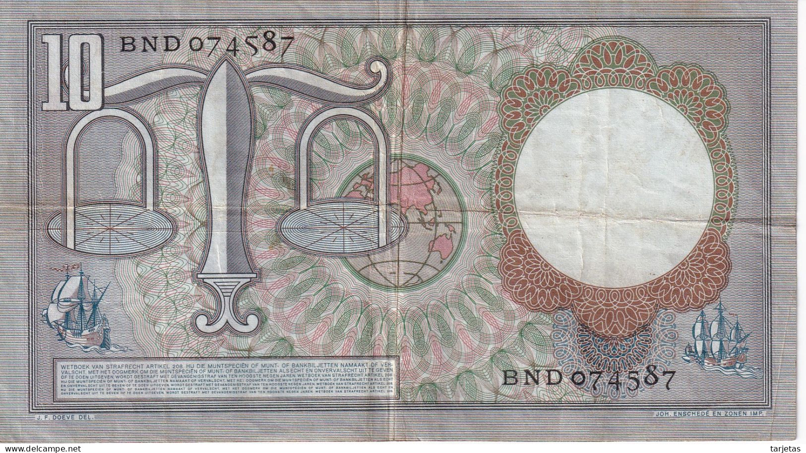 BILLETE DE HOLANDA DE 10 GULDEN DEL AÑO 1953 (BANKNOTE) - 10 Gulden