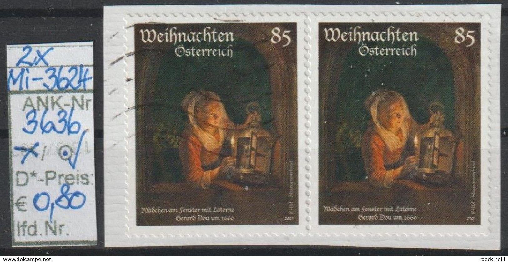 2021 - ÖSTERREICH - SM "Weihnachten - Mädchen Am Fenster"  85 C Mehrf.- 2x O Gestempelt - S.Scan (3636o X2 ABs  At) - Gebraucht