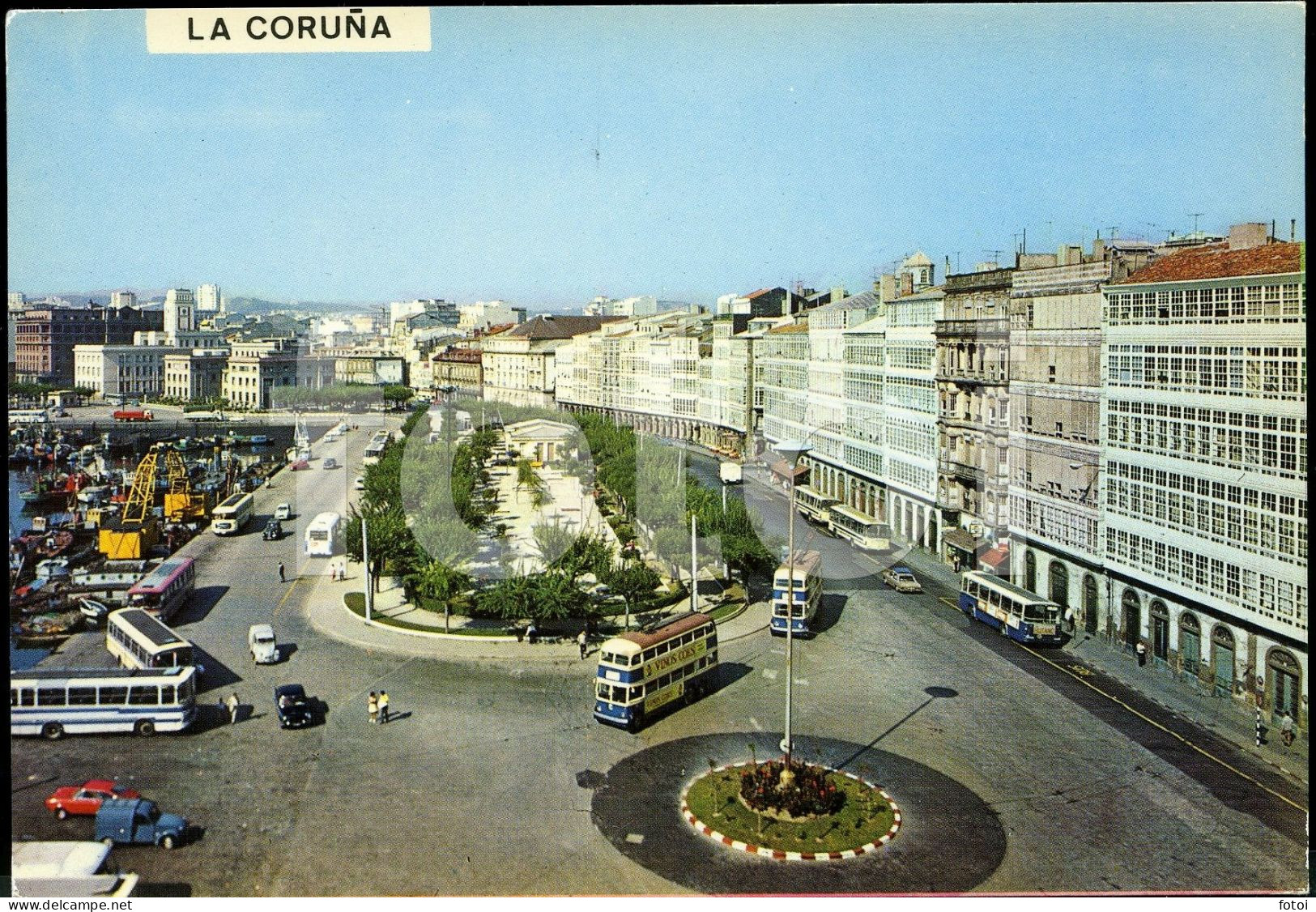 CORUNA GALICIA OLD POSTCARD TARJETA POSTAL ESPAÑA SPAIN CARS VOITURES BUS TROLLEY CITROEN 2CV AZU - La Coruña