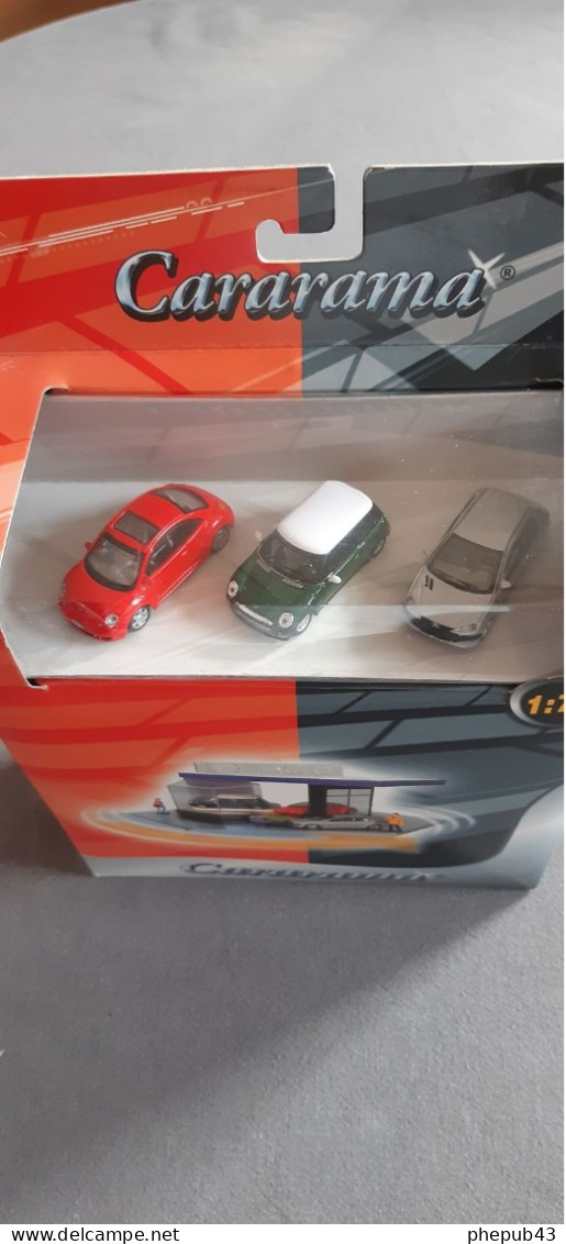 3 Cars Set + Garage Show Room Exoti Auto - Volkswagen Beetle - Mini Cooper - Peugeot 206 - Cararama - Echelle 1:72