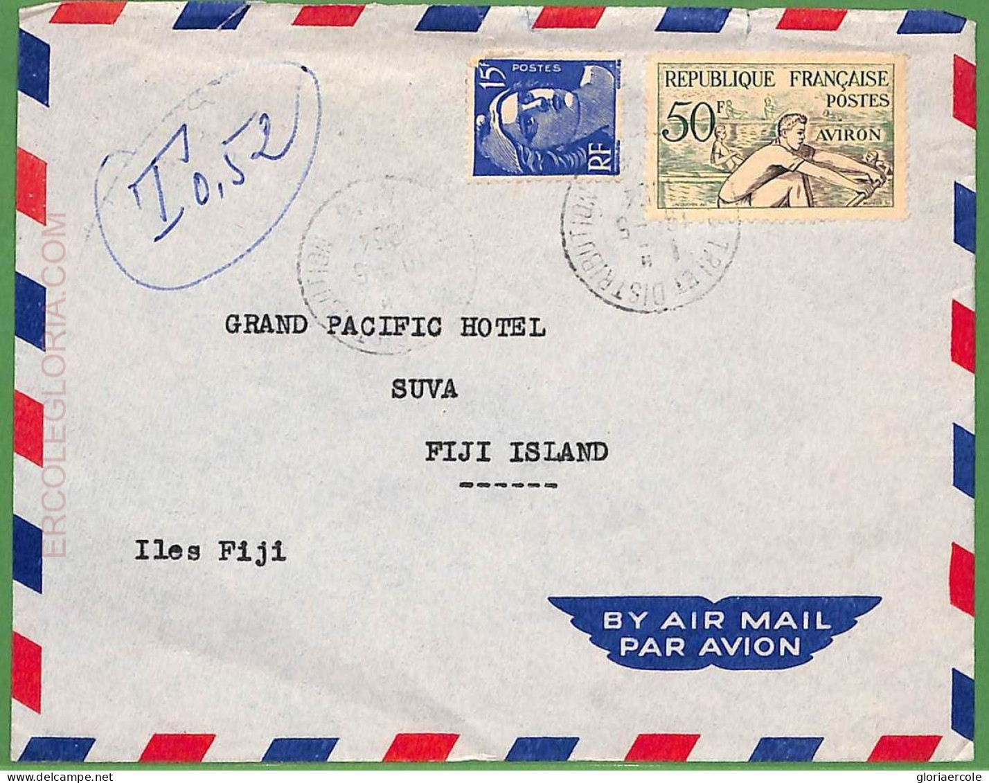 Af3734 - FRANCE - POSTAL HISTORY - AIRMAIL COVER To FIJI  - ROWING Canoes - 1954 - Canoa