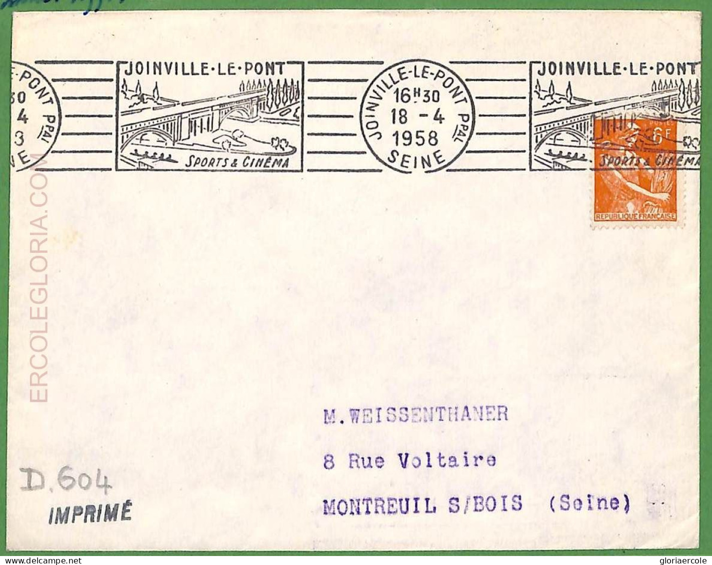 Af3738 - FRANCE - POSTAL HISTORY - Cover - ROWING Canoes - 1958 - Canoa