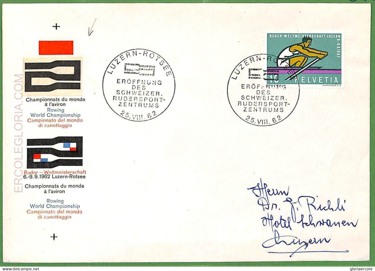 Af3745 - SWITZERLAND - POSTAL HISTORY -  Cover - ROWING Canoes - 1962 - Canoa