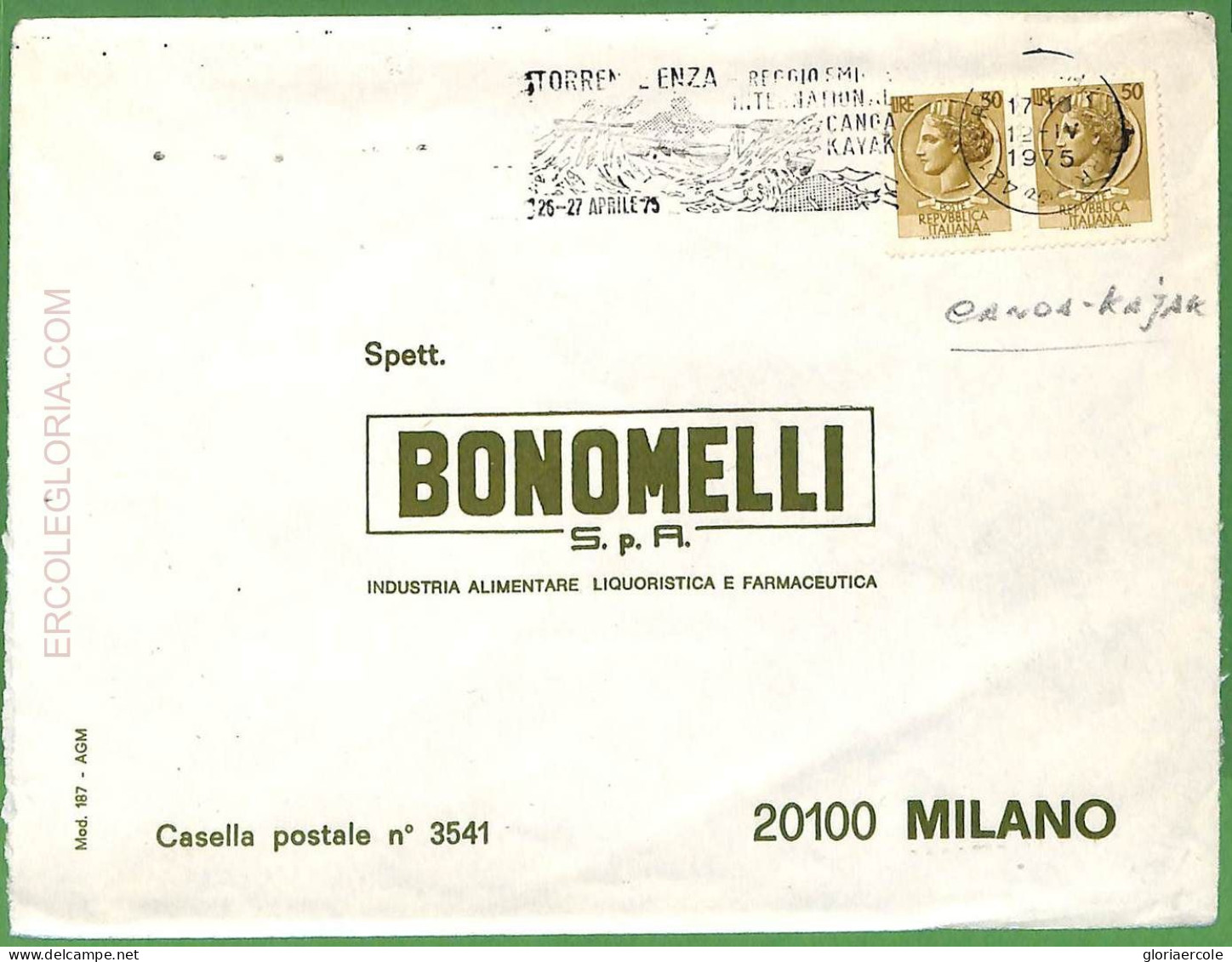 Af3754  - ITALY - POSTAL HISTORY -  COVER - ROWING Canoes - 1975 - Canoë