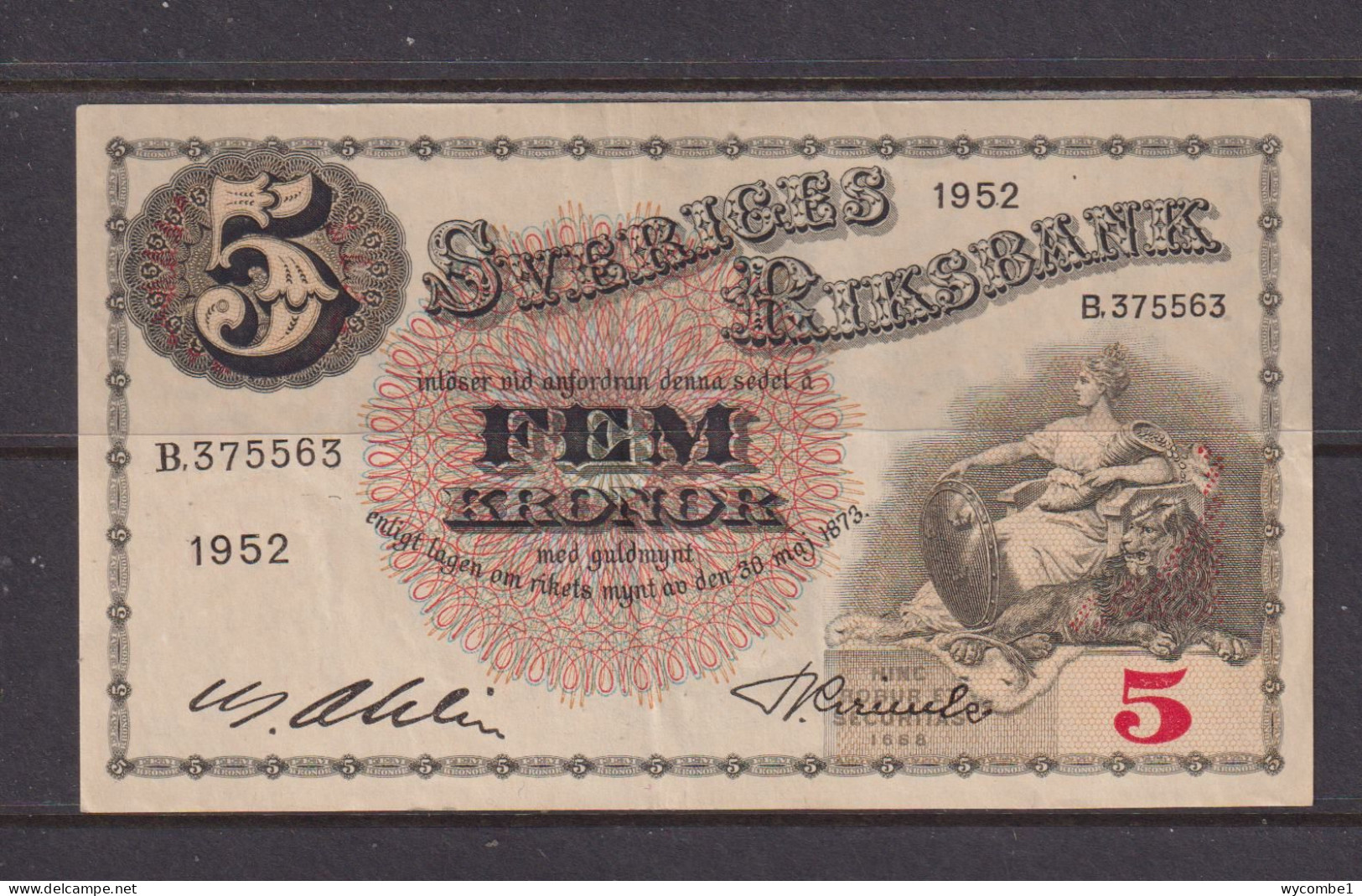 SWEDEN - 1952 5 Kronor XF/EF Banknote As Scans - Suède