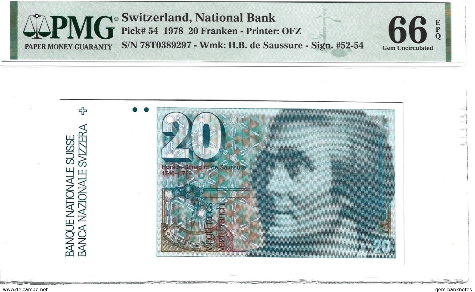 Switzerland 20 Franken 1978 P54 Graded 66 EPQ Gem Uncirculated By PMG - Suisse