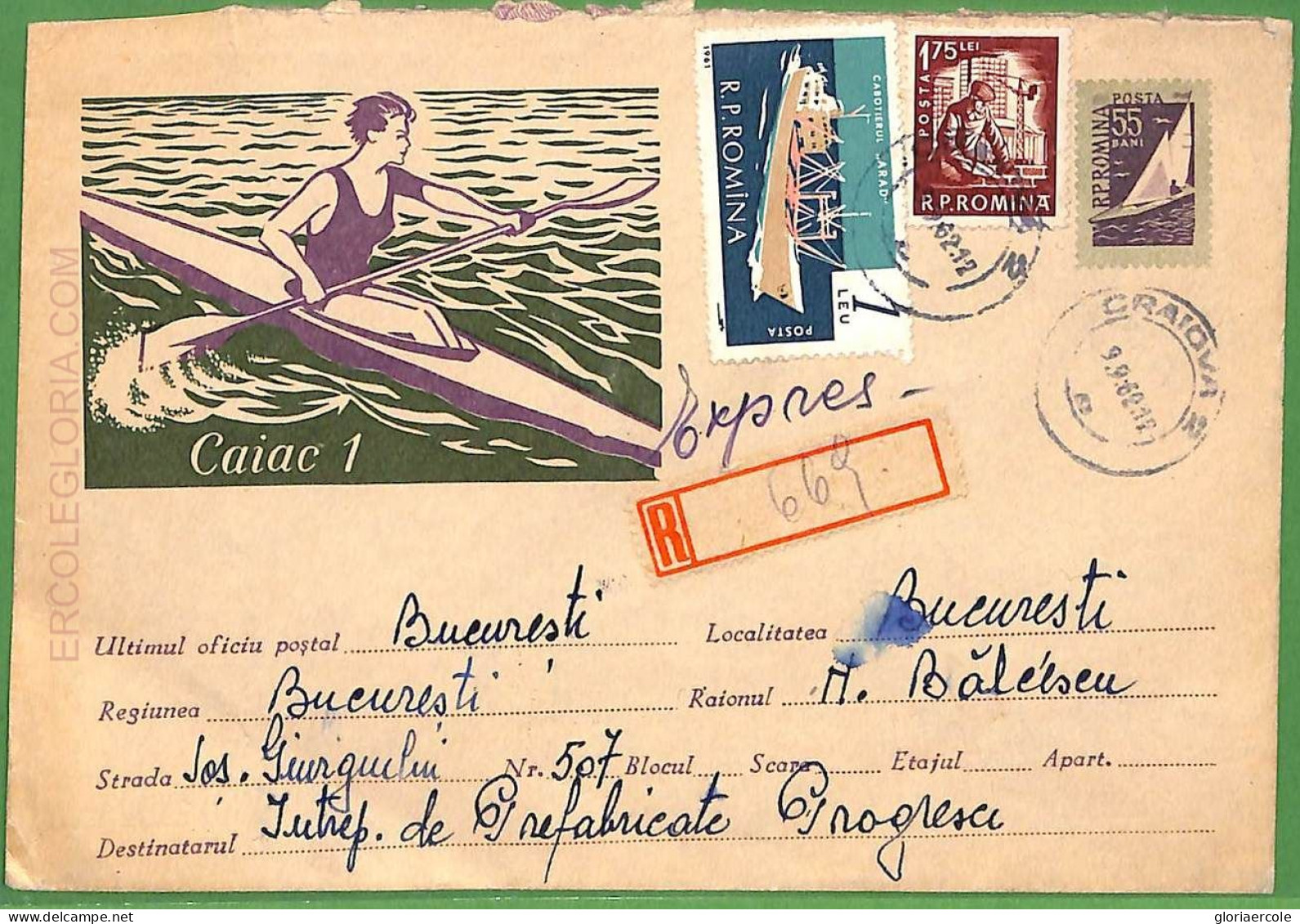 Af3781  - ROMANIA - POSTAL HISTORY -Postal Stationery Cove- ROWING Canoes - 1962 - Canoa