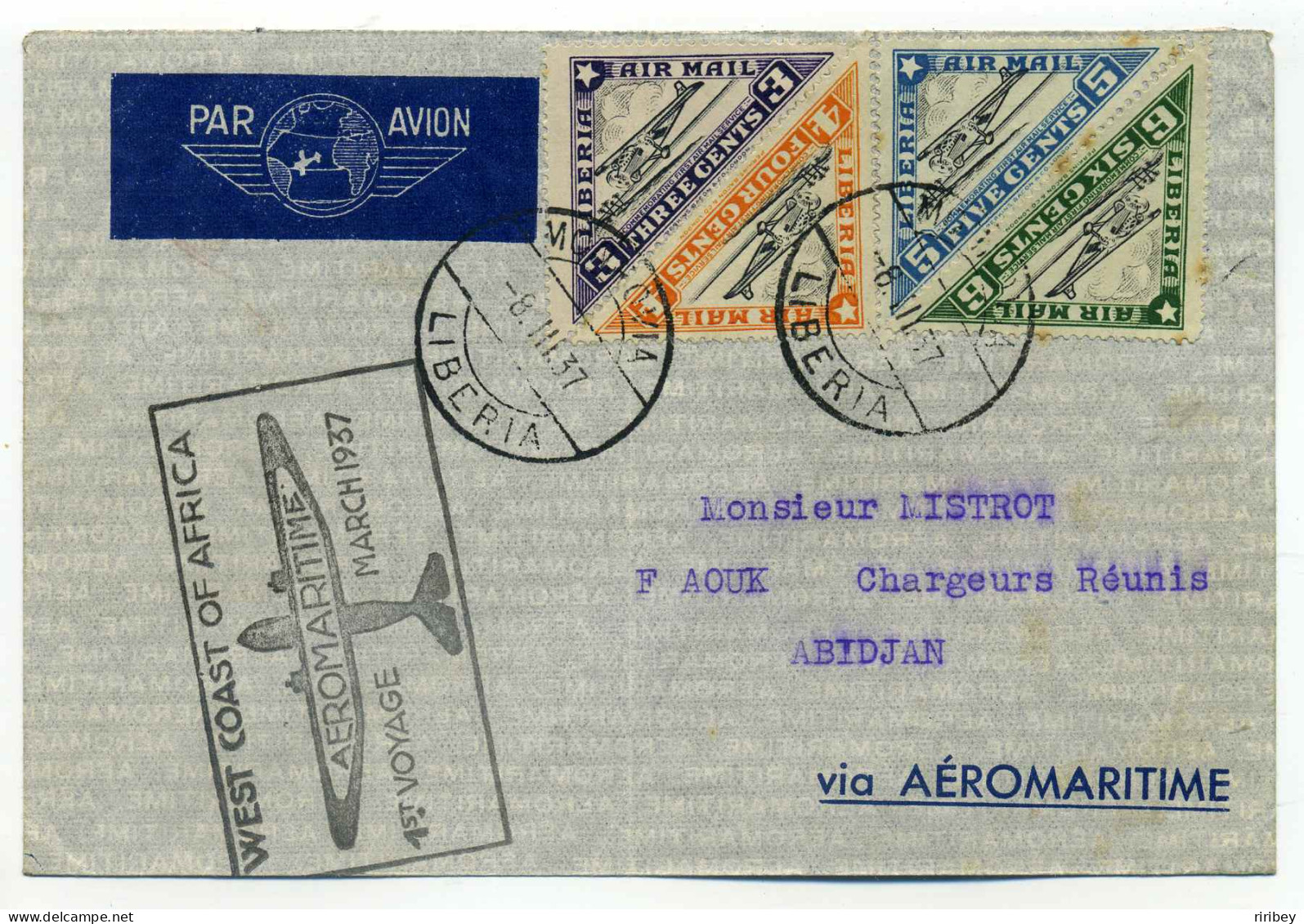  AERO MARITIME WEST COAST OF AFRICA /   1er Voyage MArch 1937 / LIBERIA -COTE D'IVOIRE - Liberia