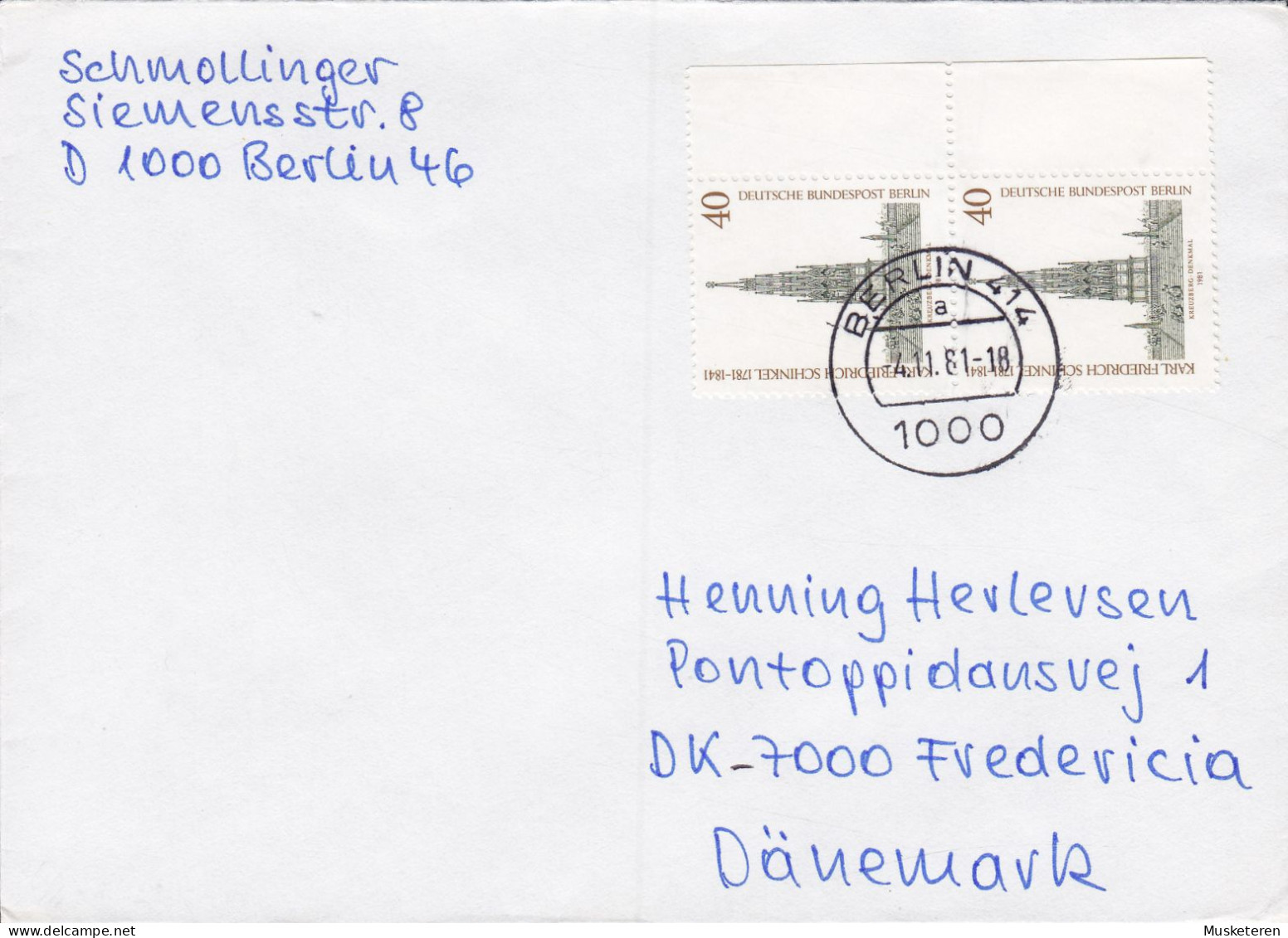 Bundespost Berlin BERLIN 1981 Cover Brief FREDERICIA Denmark 2x Friedrich Schinkel (Pair W. Margin) Paare M. Rände - Brieven En Documenten