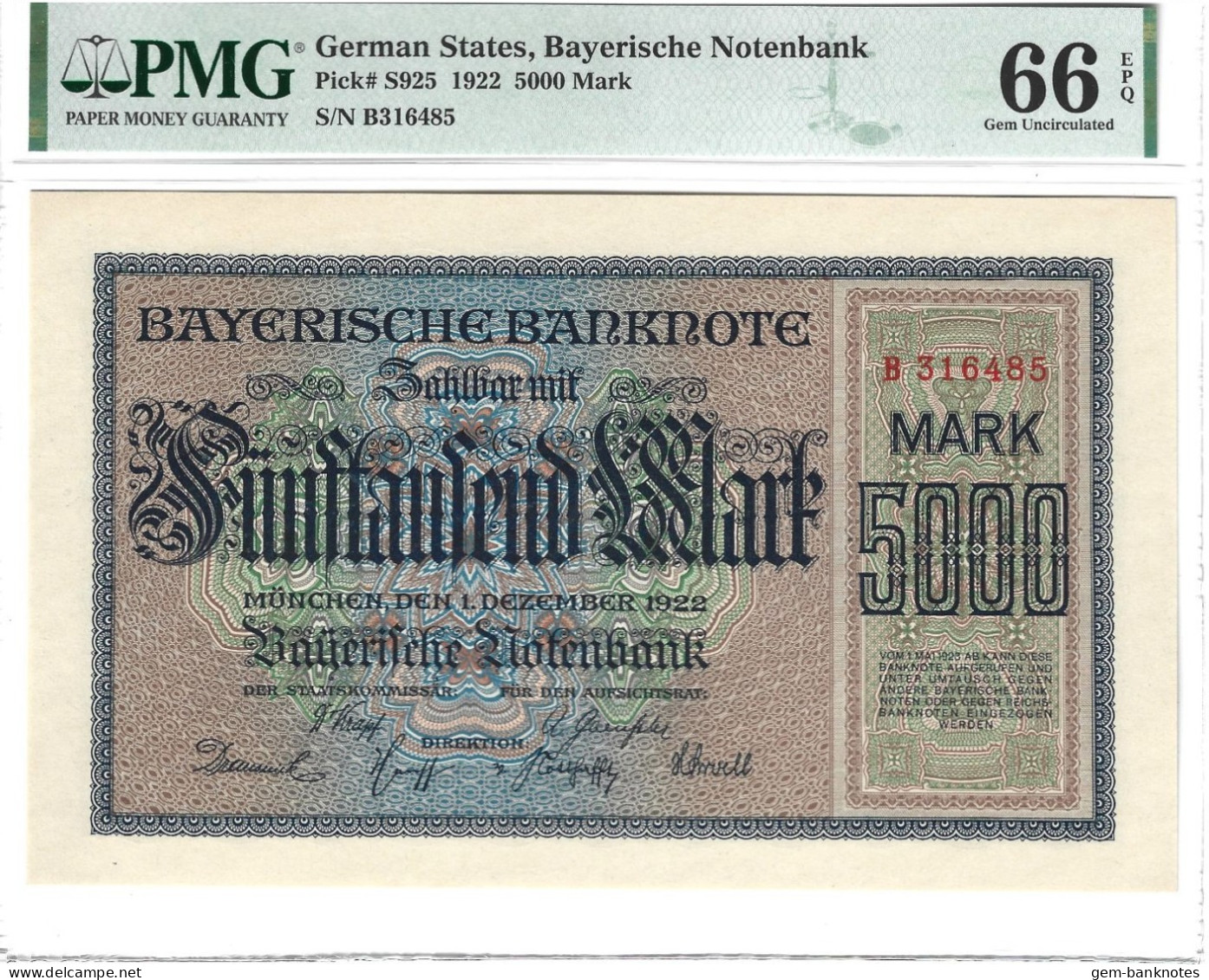 German States- Bayerische Notenbank 5000 Mark 1922 P-S925 Graded 66 EPQ Gem Uncirculated By PMG - 5000 Mark