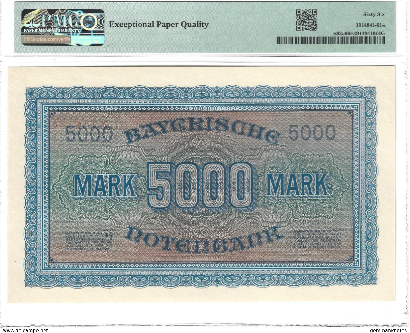 German States- Bayerische Notenbank 5000 Mark 1922 P-S925 Graded 66 EPQ Gem Uncirculated By PMG - 5000 Mark