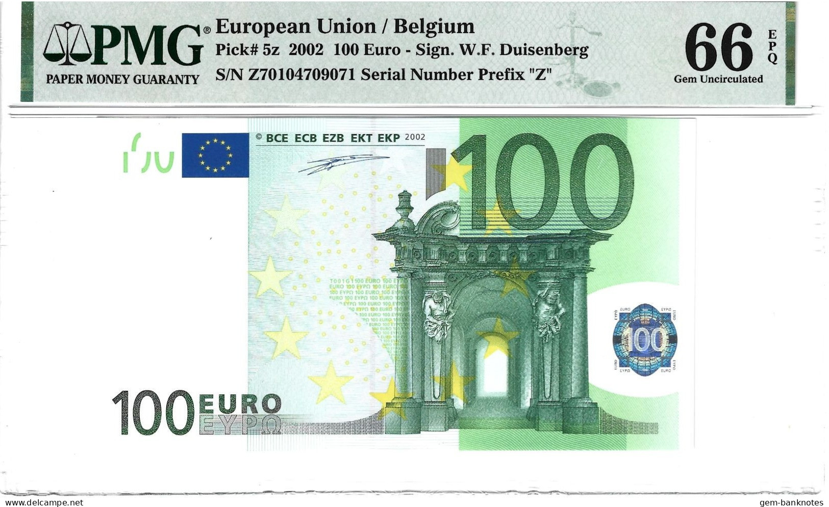 Belgium Letter Z EUR 100 Printercode T001 Duisenberg Graded 66 EPQ Gem Uncirculated By PMG - 100 Euro