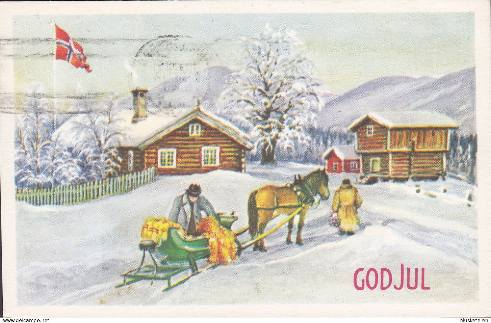 Norway PPC God Jul Attelage De Cheval Horse Sledge Pferd KONGSBERG 1965 HOSTRUP Køge Denmark NORSK FOLKEHJELP Vignette - Storia Postale