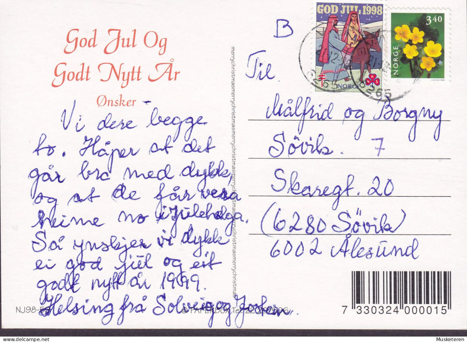 Norway PPC God Jul Og Godt Nytt År Bird Vogel Oiseau VATNE 1999 SÖVIK Ålesund Christmas Seal Tuberculosis Tuberkulose - Storia Postale