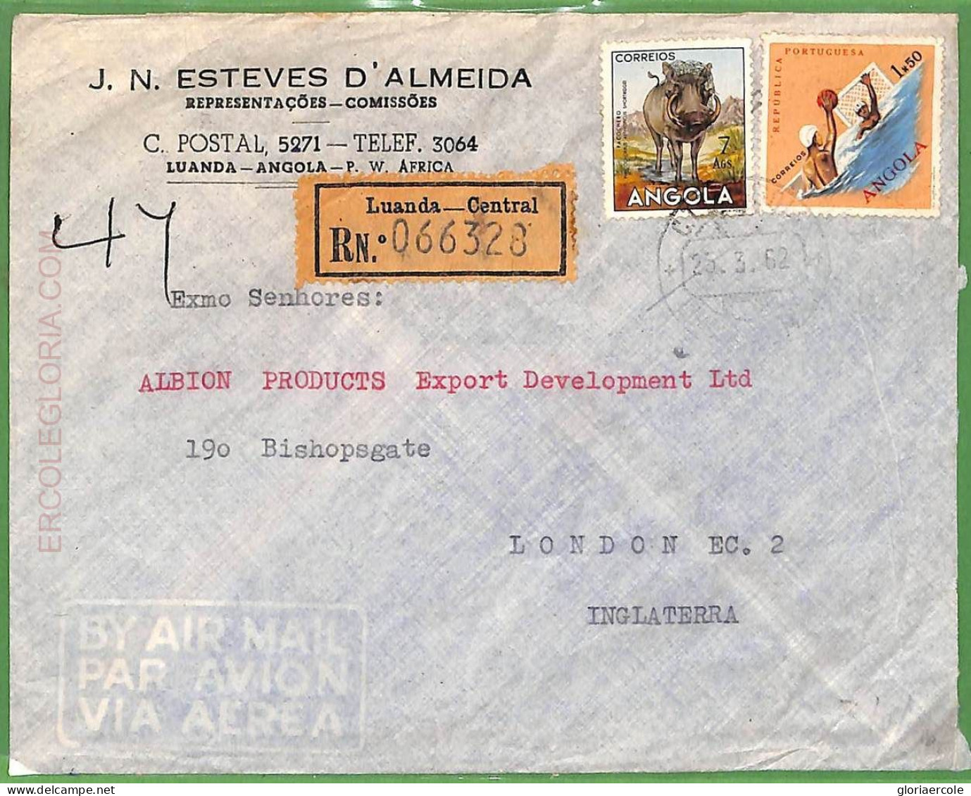 Af3701 - ANGOLA  - POSTAL HISTORY - Registered COVER 1962 - Sports WATER POLO - Water Polo