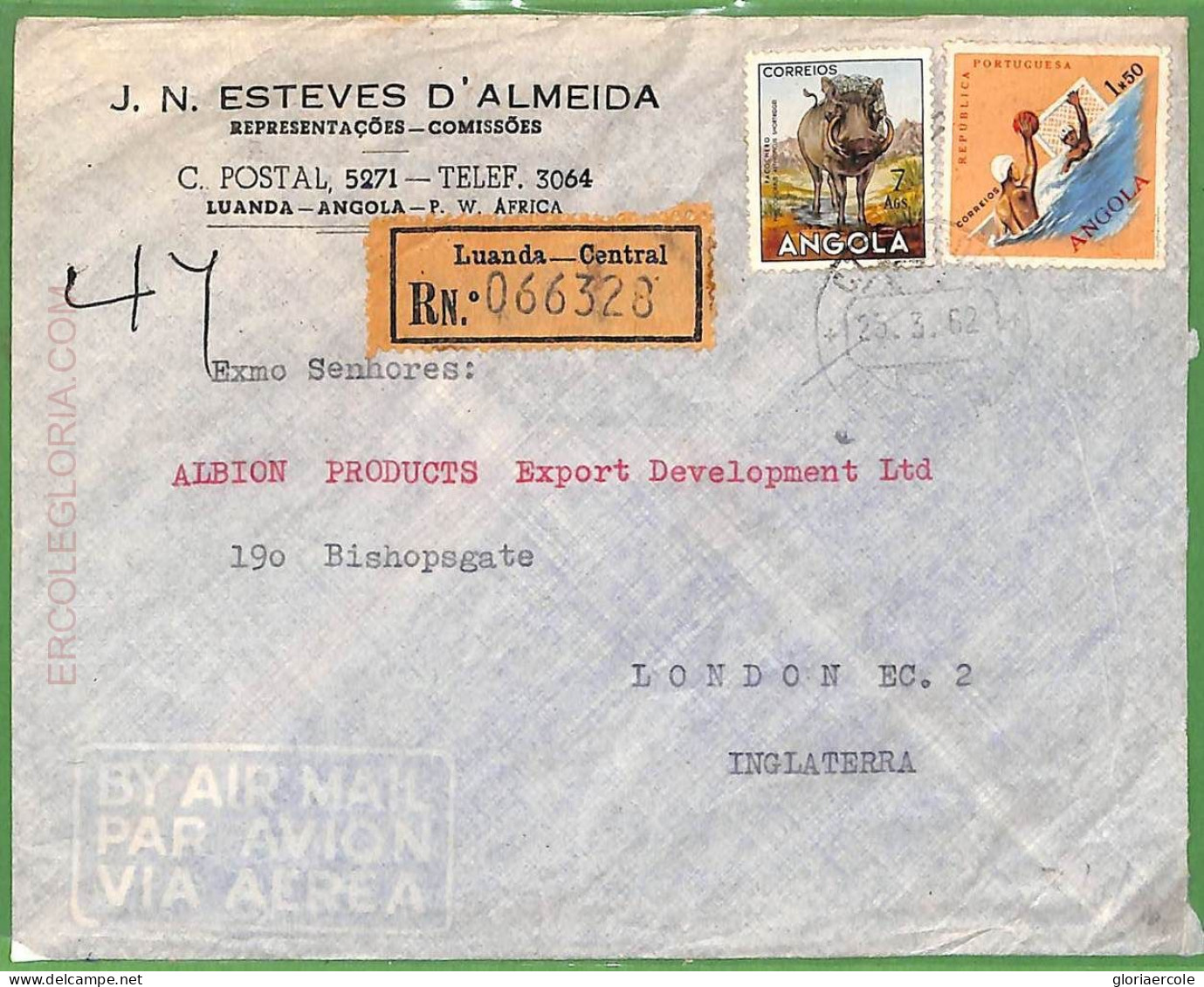 Af3701 - ANGOLA  - POSTAL HISTORY - Registered COVER 1962 - Sports WATER POLO - Wasserball