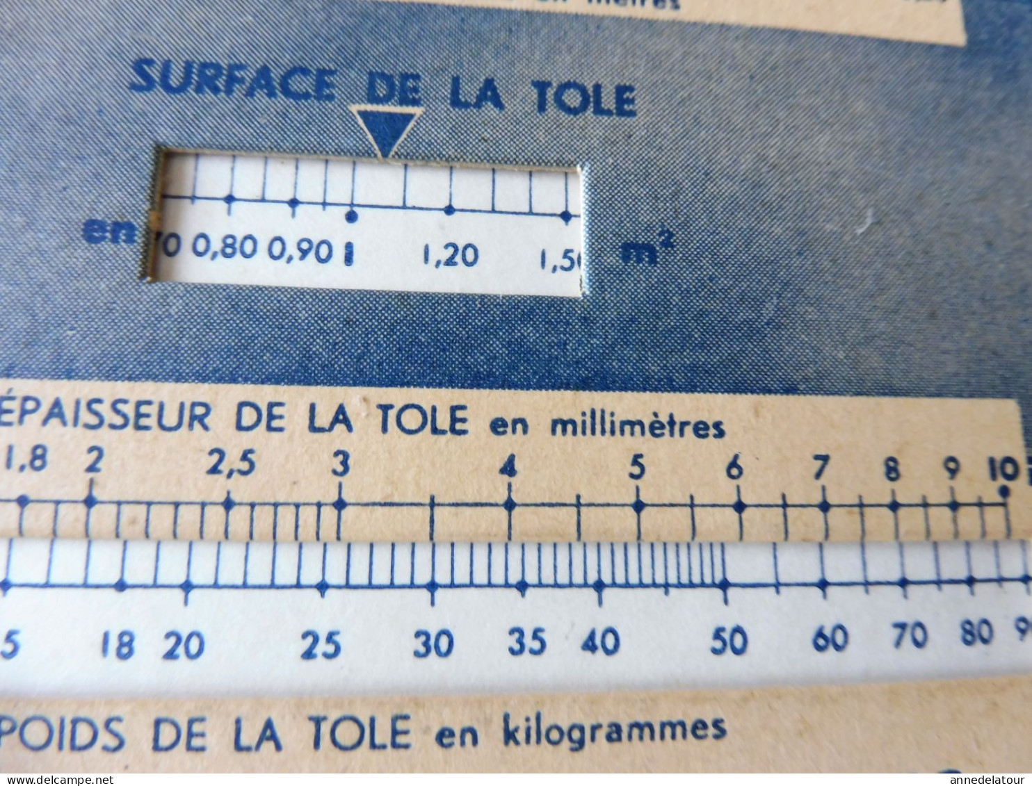 OMARO  : :ancienne règle à calcul  du poids des tôles en fonction de la surface et de l'épaisseur