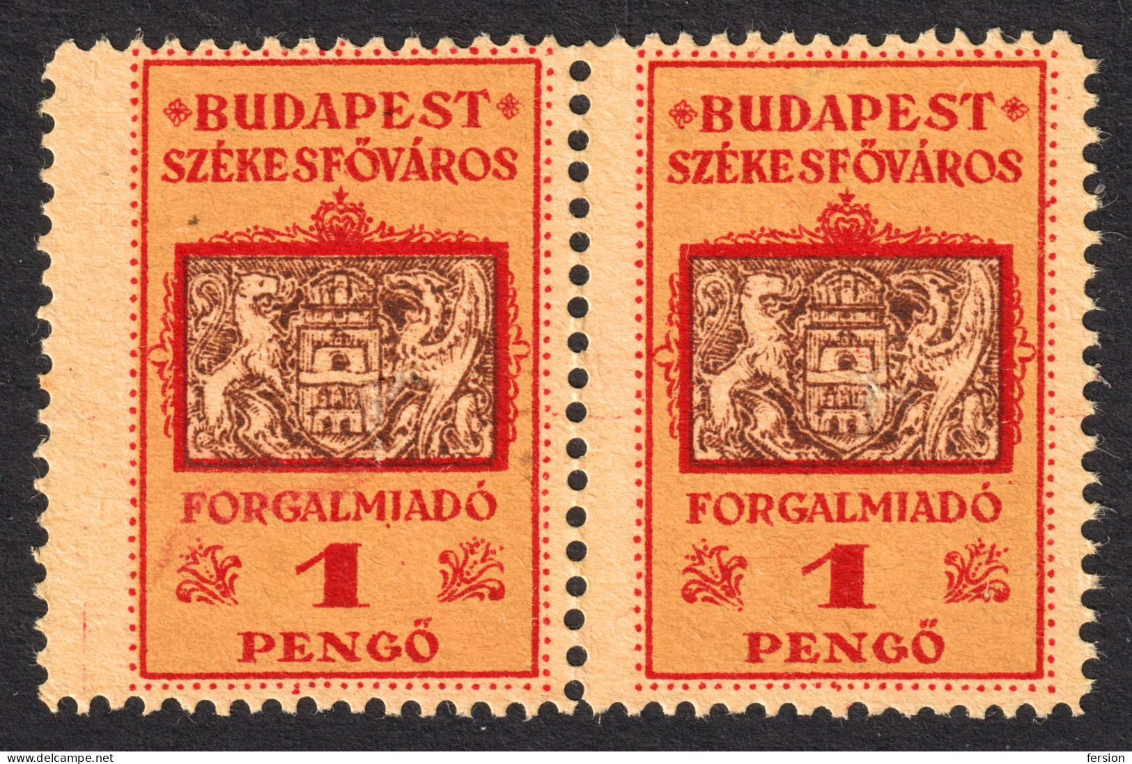 1945 1946 Hungary - BUDAPEST City Local ( Sales Tax ) Revenue Stamp - 1 P - Coat Of Arms - Lion - Steuermarken