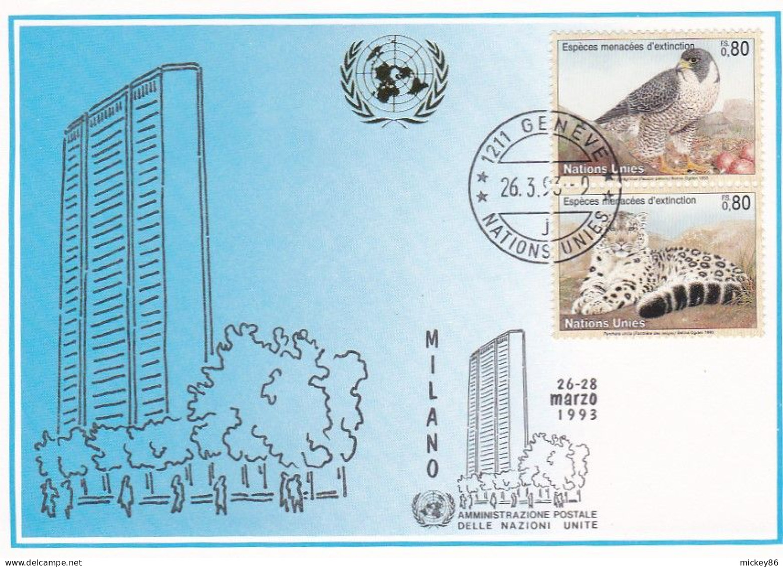 Nations Unies --Suisse--GENEVE--1993--CP "Espèces Menacées D'extinction"(2 Valeurs) --date 26-3-93 - VN