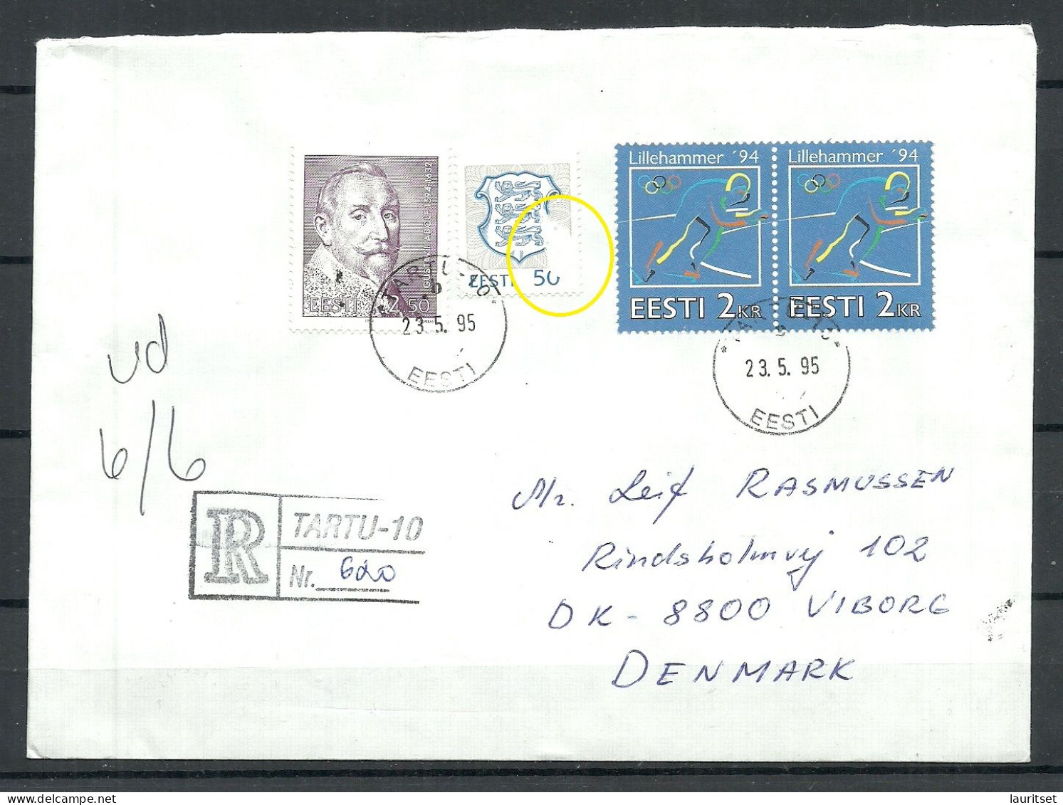ESTLAND Estonia 1995 Registered Cover To Denmark Olympic Games Lillehammer Etc. NB! Coat Of Arms Stamp Is Damaged! - Inverno1994: Lillehammer