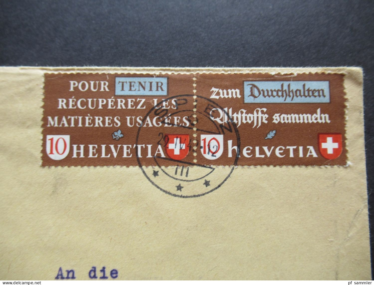 Schweiz 1942 Altstoffverwertung 405 / 406 Zusammendruck Abs. Stp. Hans Iseli, Spiez Nähmaschinen Velos  Nach Basel - Cartas & Documentos