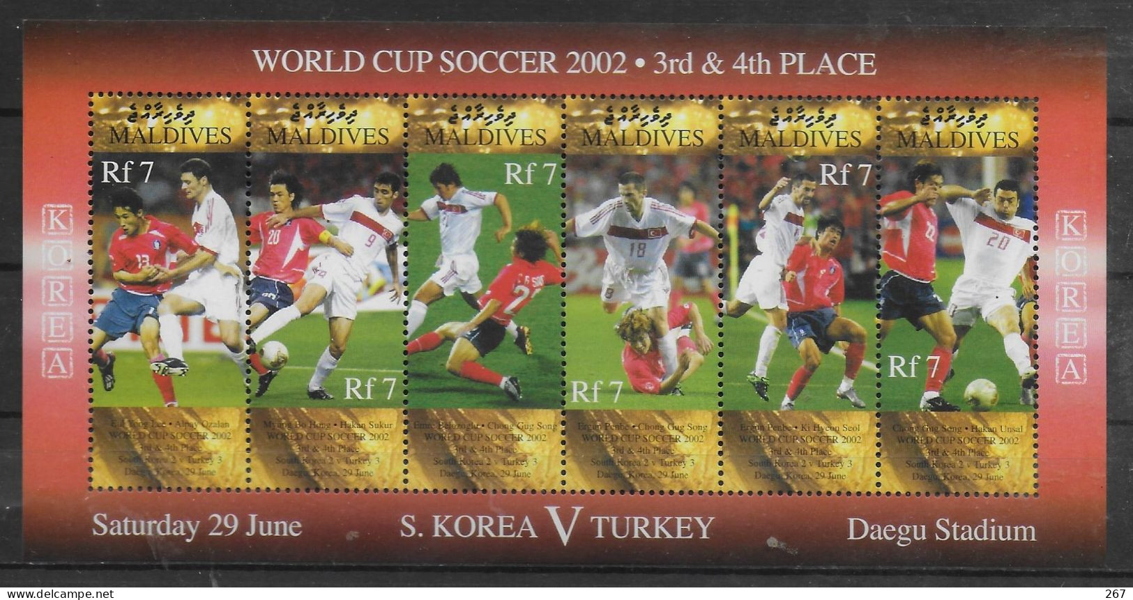 MALDIVES  Feuillet N°  3387/92 * *  ( Cote 15e )  Cup 2002   Football  Soccer Fussball Corée Turquie - 2002 – Corée Du Sud / Japon