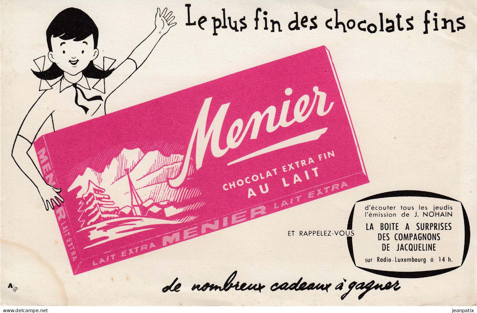 Buvard - Blotter - Chocolat Menier - émission Jean Nohain La Boites à Surprises Des Compagnons De Jacqueline - Chocolat