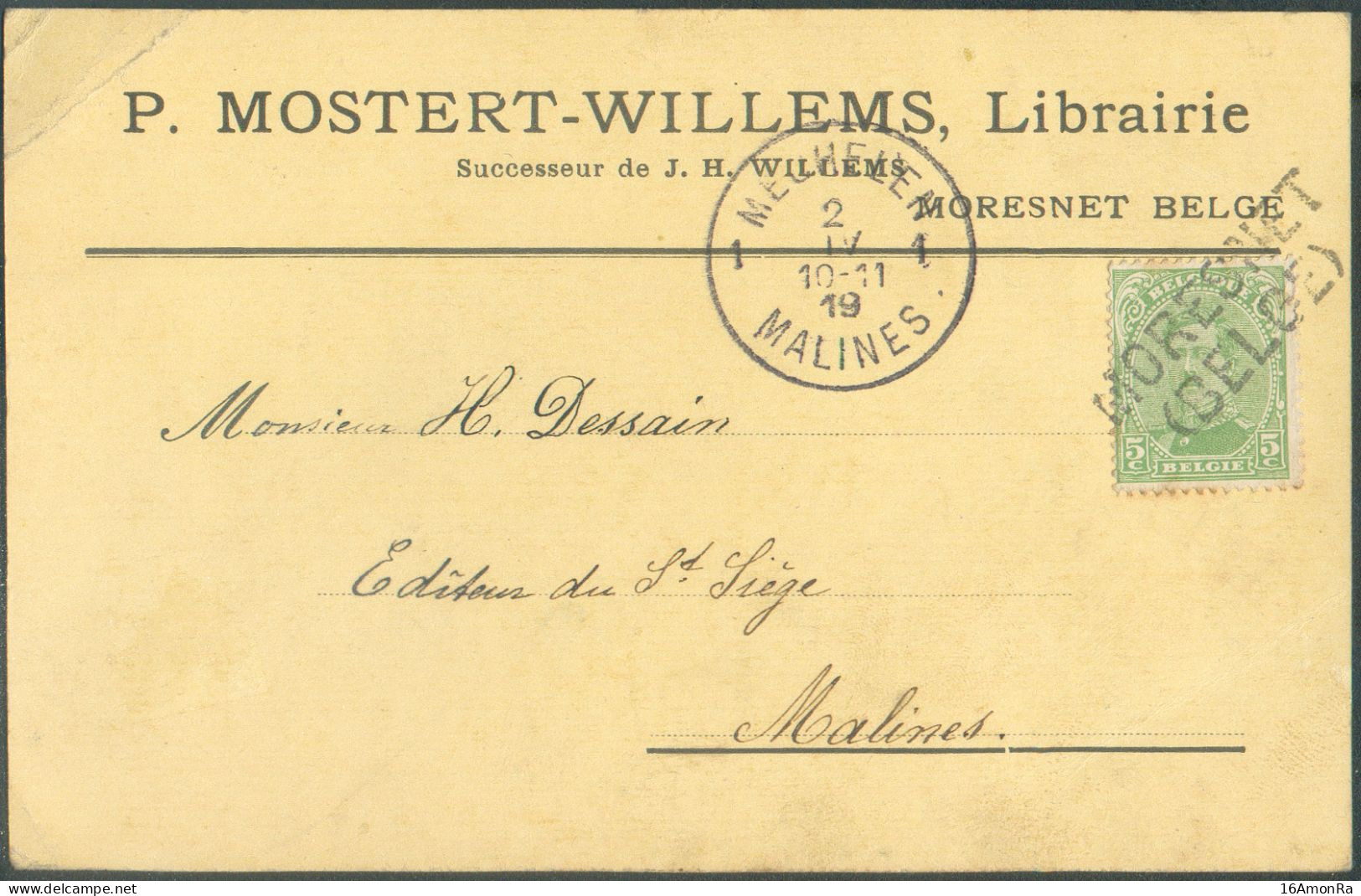 CANTONS De L'EST - C. Publicitaire (P. MOSTERT - WILLEMS Librairie) Affr. N°137 - 5c. Obl. De La Griffe MORESNET (BELGE) - Linear Postmarks