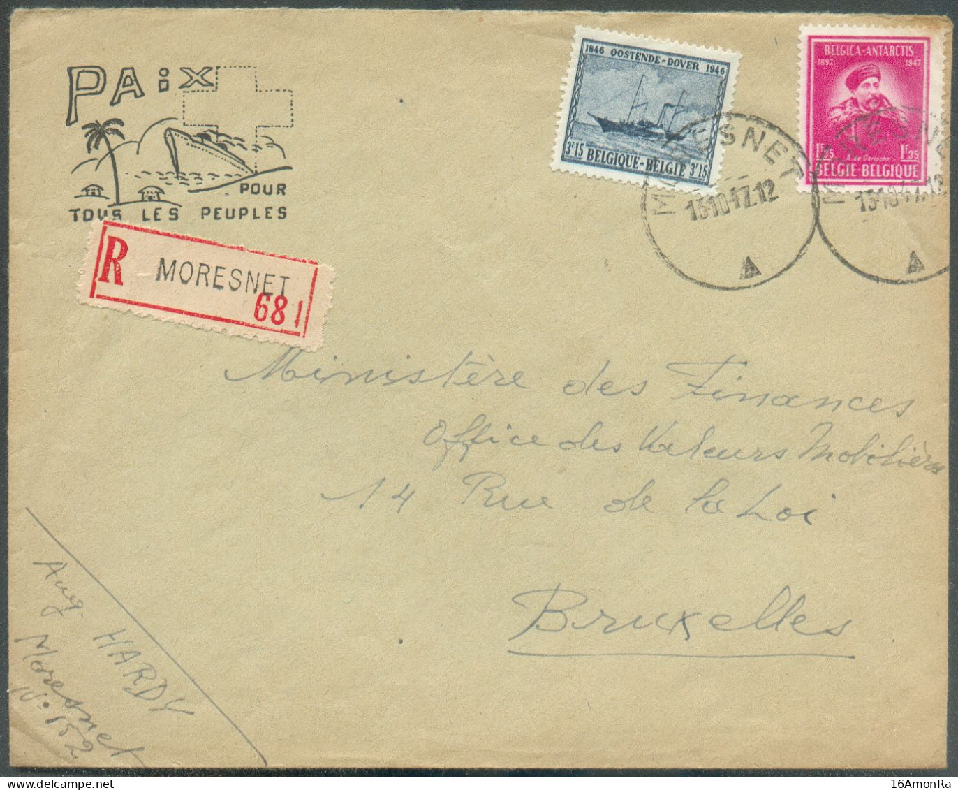 CANTONS De L'EST - 1Fr35 ANTARCTIS De GERLACHE + 3Fr15 Oostende-DOVER Obl. Sc MORESNET Sur Lettre (PAIX Pour Tous Les P - Storia Postale